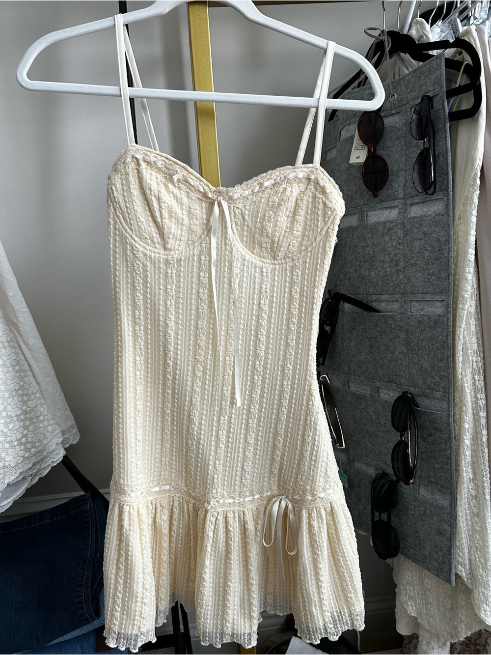 Cream Lace-Textured Spaghetti Strap Sundress